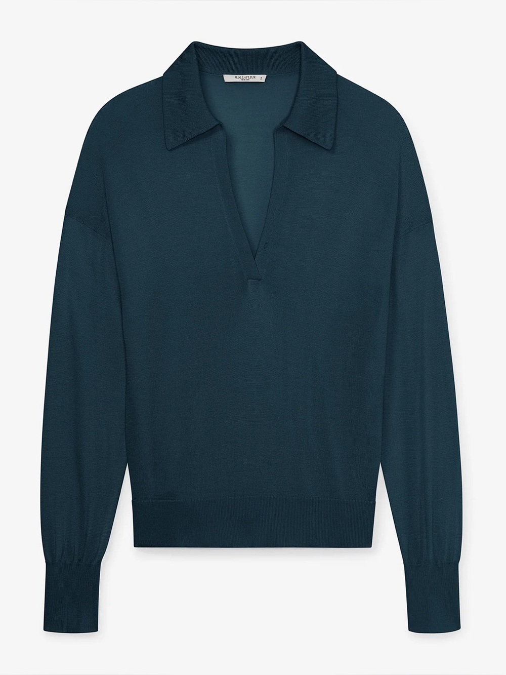 MM.LaFleur The Leo Pullover Long-Sleeve Polo Knit Top Silk Jersey Deep Sea